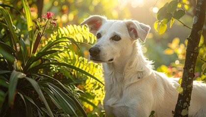 A white dog sits attentively in a lush garden bathed in golden sunlight.