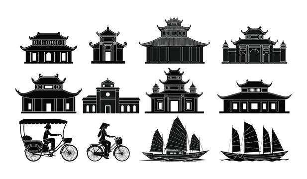 Collection of black silhouette icons of Vietnamese architecture transportation and boats asia building