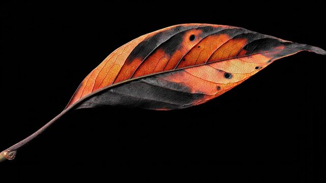 Close-up of an autumn leaf with fiery hues of orange and black against a stark black background