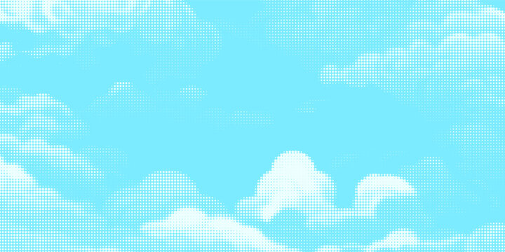 Dotted comic cloud background. White halftone clouds in blue sky. Pop art heaven wallpaper for banner, brochure, collage, poster, leaflet. Pixelated smoke, smog or fog texture. Vector illustration