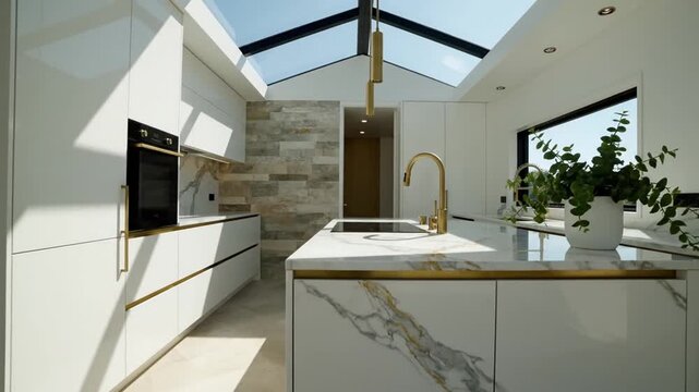 Luxurious Modern Kitchen Design With Skylight And Marble Island