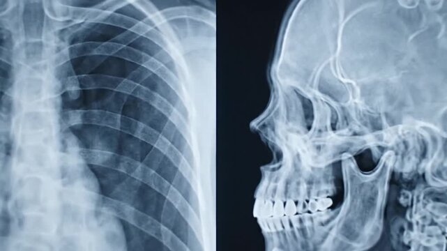 Medical x ray images showing human skeleton and chest anatomy