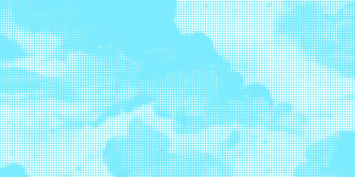 Dotted comic cloud background. White halftone clouds in blue sky. Pop art heaven wallpaper for banner, brochure, collage, poster, leaflet. Pixelated smoke, smog or fog texture. Vector illustration