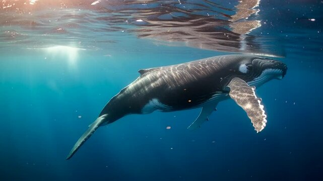 Majestic Humpback Whale Swims Gracefully Underwater in Deep Blue Ocean