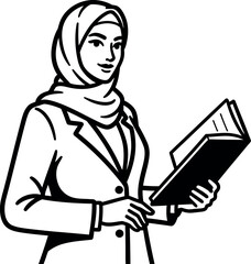 Confident modern Muslim businesswoman wearing a hijab and professional attire holding a book representing education or career success vector illustration