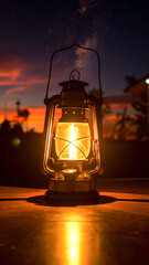 Lit lantern glows warmly; sunset sky painted above