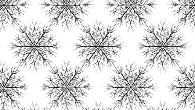 Artistic pattern of snowflake structures created from intricate bare tree branches provides a unique winter nature theme for backgrounds.