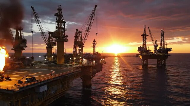 Offshore oil rig at sunset with flare stack burning, dramatic sky, ocean waves
