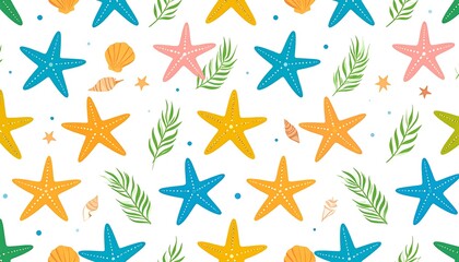 Obraz premium Seashell, starfish, and frond seamless pattern on a white background