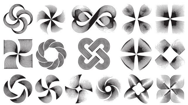 Grayscale Abstract Geometric Icons with Halftone Texture Isolated on White