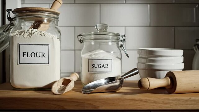 Kitchen Pantry Organization Essential Ingredients Flour Sugar Storage Jars and Baking Tools