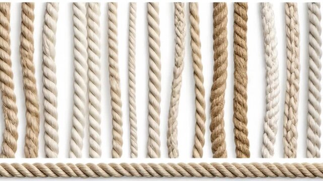 Variety of braided and twisted ropes in beige and white against a white background