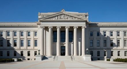 Obraz premium Classic Beaux-Arts architecture of federal courthouse, symmetrical facade under a bright sky, capturing the grandeur and timeless design.