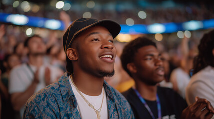 Naklejka premium Concerts, festivals, and sports events thrive on crowd excitement, creating unforgettable moments driven by collective joy, suspense, and adrenaline. cinematic color correction, natural uneven