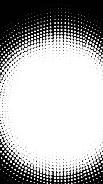A stark abstract image features concentric circles of white dots radiating from a bright core