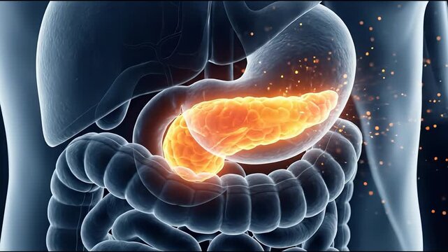 3d render of human digestive system featuring glowing pancreas and stomach area, depicting anatomy, suitable for medical education, healthcare presentations, biology study, and anatomical diagrams.