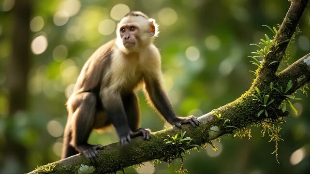 Curious capuchin moves along lush forest branch observing surroundings