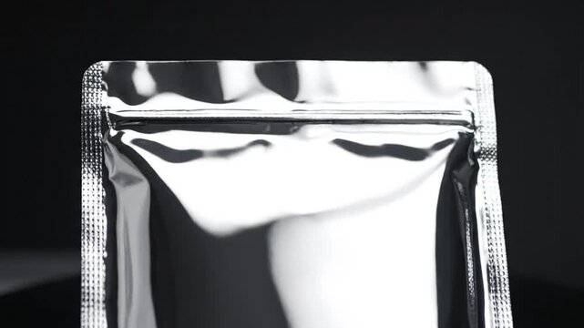 Metallic pouch on reflective black surface showcasing product packaging