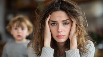 Fototapeta premium Caucasian female adult looking stressed with child in background.
