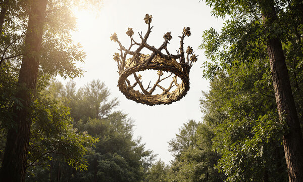 A massive crown forged from intertwining tree branches and gold, floating above a lush forest canopy, symbolizing leadership rooted
