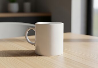 A white ceramic coffee mug on a light wooden table