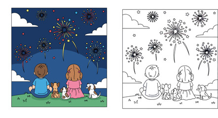 Naklejka premium Cartoon boy and girl sitting on grass with cute dogs watching colorful fireworks in the night sky, vector illustration for happy new year and holiday celebration concepts.