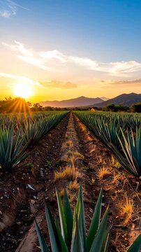 Expansive agave field under a vibrant sunset with distant mountains