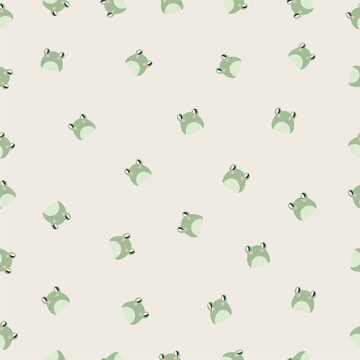 Seamless pattern with cute pastel green frogs on light beige background. Minimal Scandinavian style nursery design. Perfect for baby textile, wallpaper, wrapping paper, fabric and kids decor.