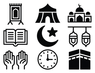 Obraz premium Islamic Icons: Prayer Mat, Mosque, Quran, Crescent, Lanterns, Kaaba, Clock, Hands