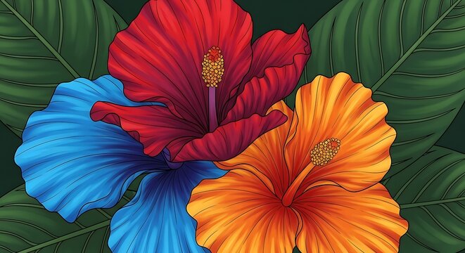 Vibrant tropical hibiscus flowers bloom in rich color