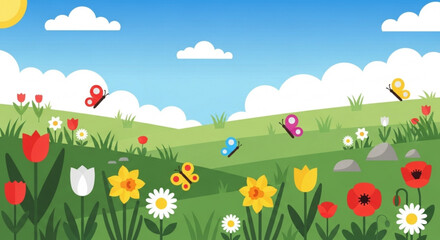 Colorful Cartoon Flowers in Green Meadow with Butterflies under Sunny Sky