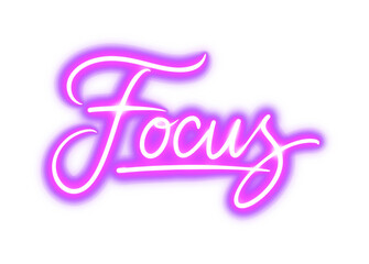Purple Focus neon sign in cursive script. Glowing violet graffiti tag lettering on transparent background. Aesthetic light for productivity, study music, and urban street art design.
