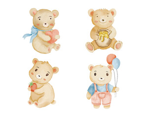 Cute Bear Cartoon Watercolor Illustration