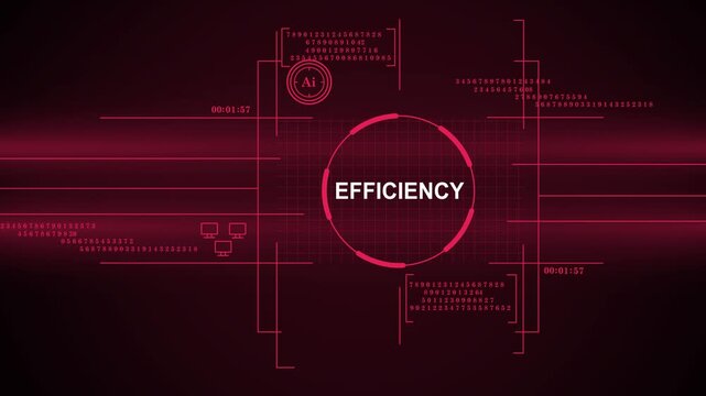 Futuristic Digital HUD Interface with Efficiency Text and AI Icon on Dark Red Background for High-Tech Data Visualization, Cyber Security, and Artificial Intelligence Optimization Concepts