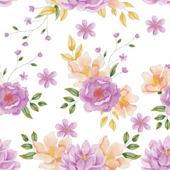 Purple Lotus and Wild Flower Watercolor Seamless Pattern