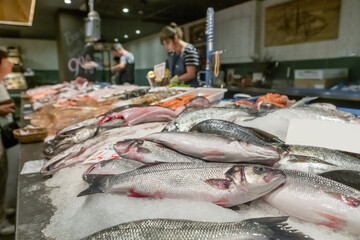Fresh Seabass on Ice at San Martin Merkatua Fish Market