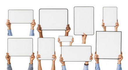 Fototapeta premium Multiple hands holding blank digital tablets isolated on transparent background