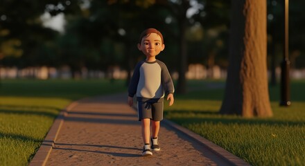 Boy walking in the park after sports during sunset