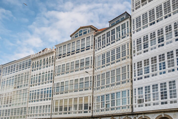 Fototapeta premium White Glass Balconies and Historic Facades in A Coruna
