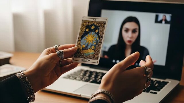 Online tarot reading session with tarot card revelation and emotional reaction