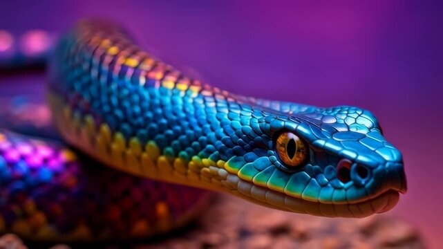 Vibrantly colored snake with iridescent scales coiled in mystical purple and blue light