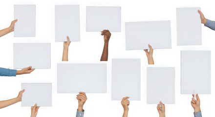 Fototapeta premium Multiple hands holding blank white cards isolated on transparent background