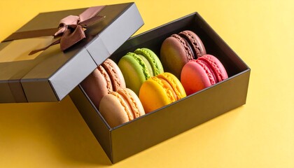 Assortment of Colorful Macarons in a Gift Box.