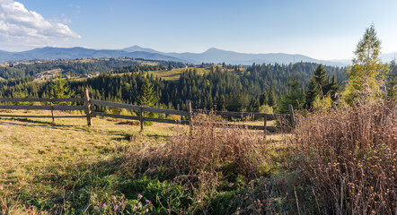 Distant ridges with mountain meadow and trees on a foreground