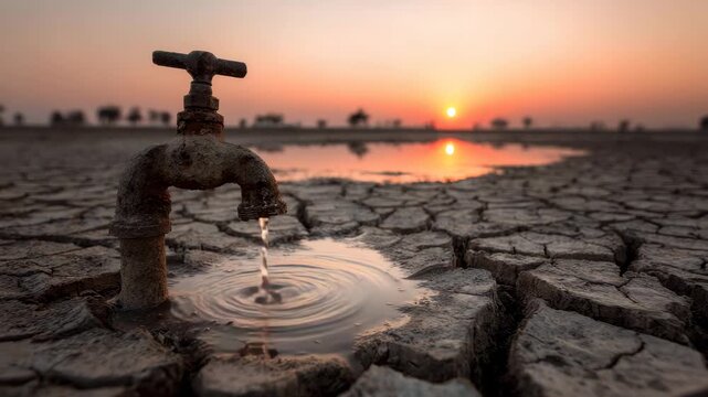 Rusty faucet drip over cracked dry earth at sunset, water pooling and reflecting orange sky. drought resilience, small pool ripple and rusted metal tap reflection in arid landscape