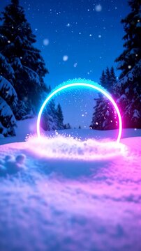 Glowing neon ring suspended above snowy ground with pine trees and falling snow