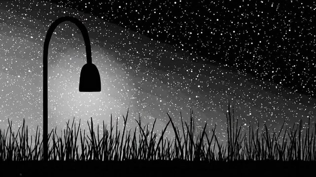 A grayscale illustration of a starlit night scene with an arched lamppost and grass