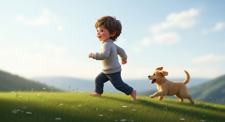 Boy running barefoot in the meadow with a small puppy