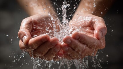 Fototapeta premium Hands cupped together receiving water for ablution (Wudu), water splashing, purity theme