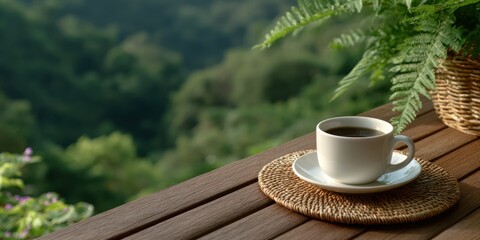Naklejka premium White Coffee Cup on Wooden Terrace Overlooking Lush Green Tropical Valley Landscape Serene Morning Lifestyle Concept